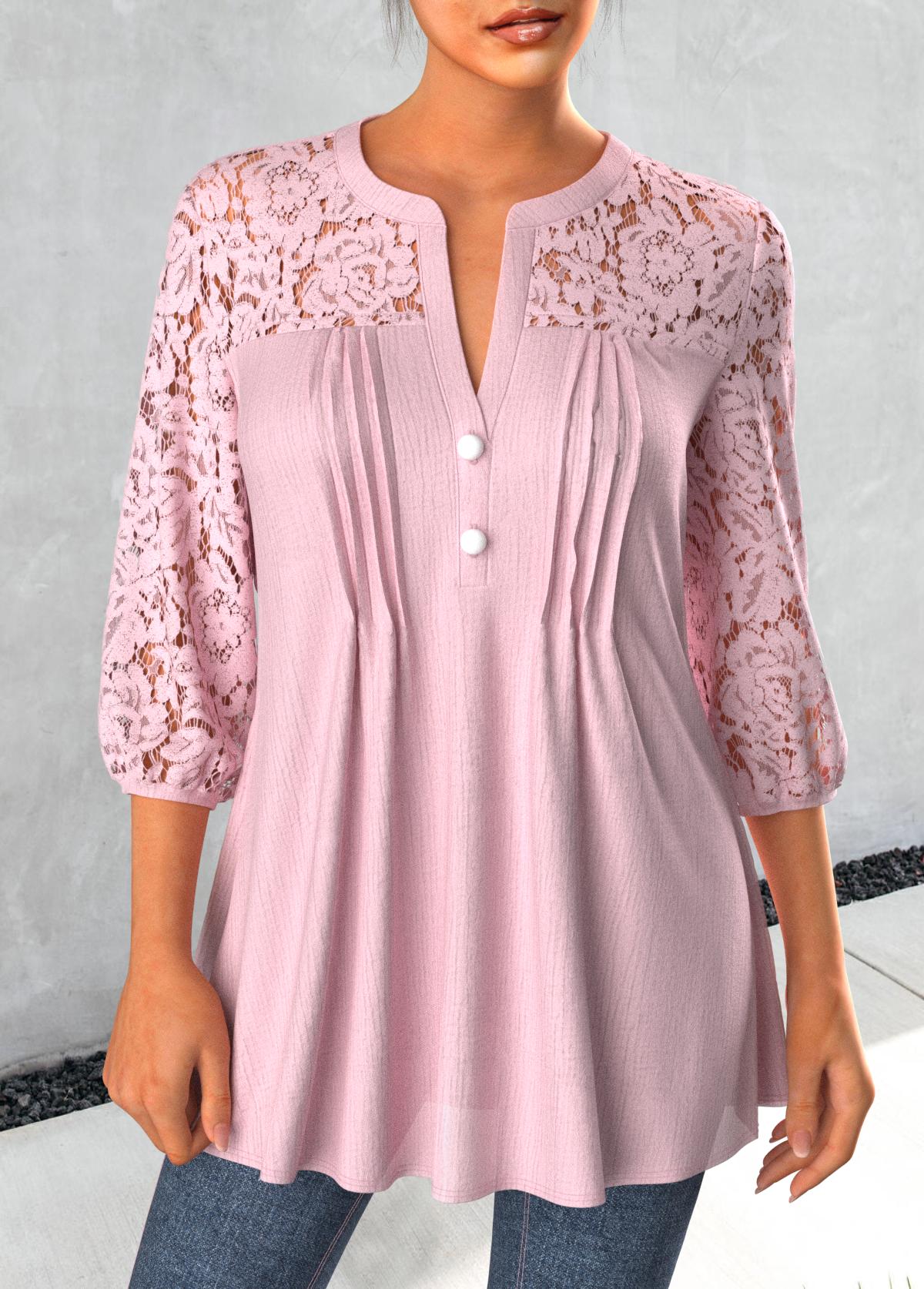 Light Pink Tuck Stitch 3/4 Sleeve Split Neck Blouse | picture 