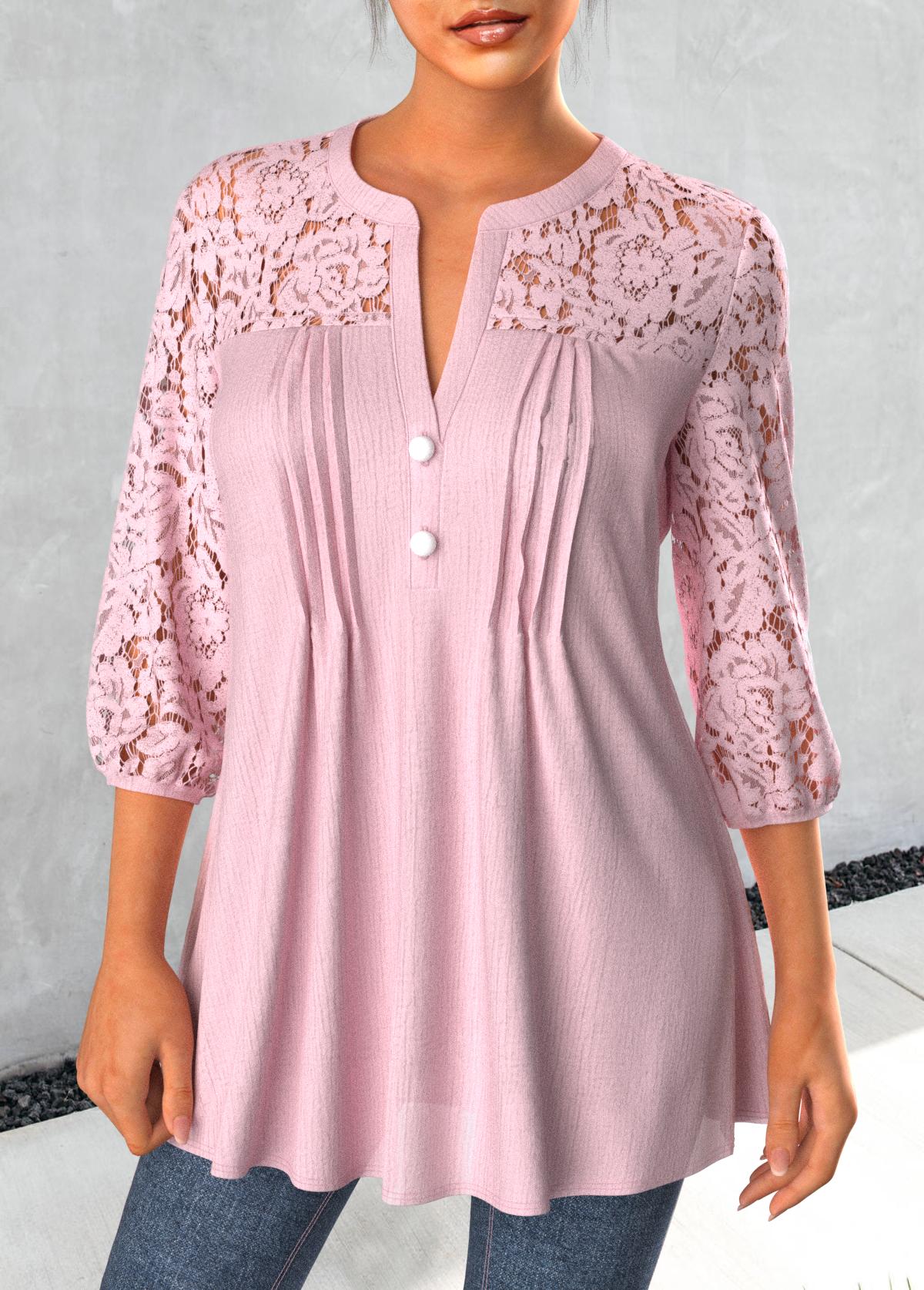 Light Pink Tuck Stitch 3/4 Sleeve Split Neck Blouse | picture 
