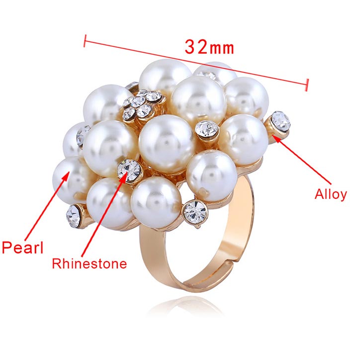 Gold Rhinestone Open Adjustable Pearl Ring