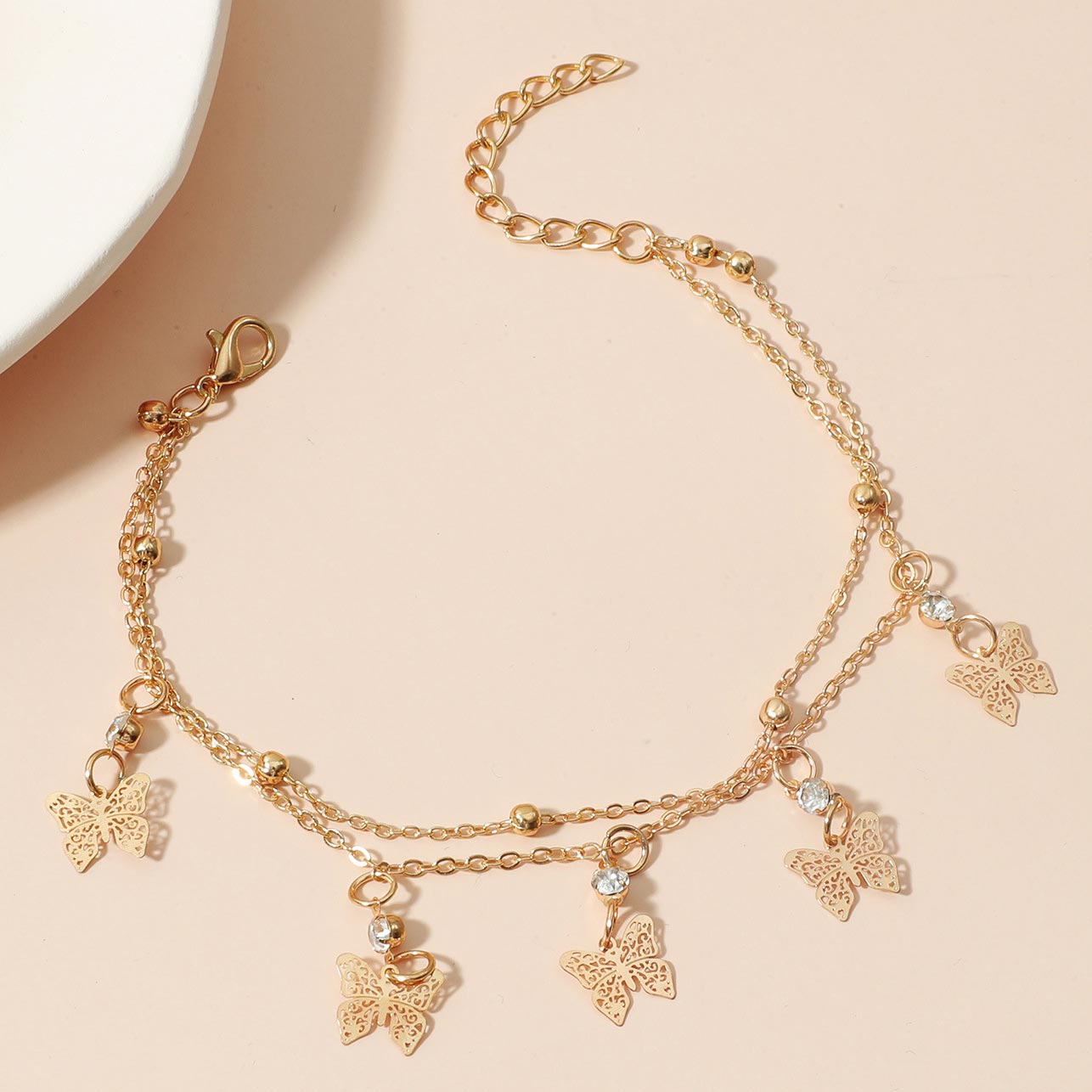 Gold Butterfly Rhinestone Layered Design Anklet
