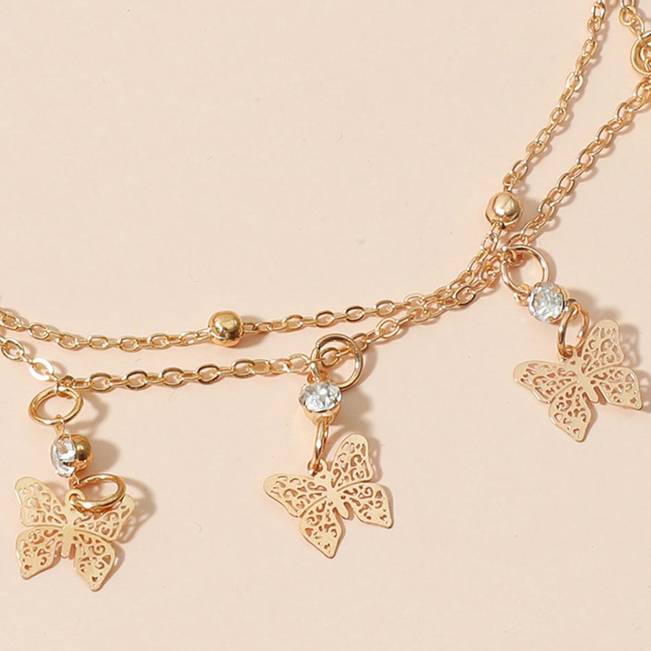 Gold Butterfly Rhinestone Layered Design Anklet