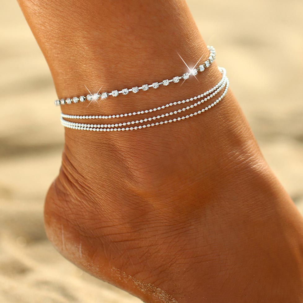 Silvery White Layered Rhinestone Beads Anklet