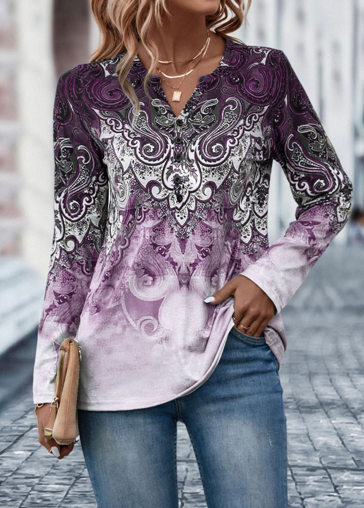 Light Purple Button Tribal Print T Shirt