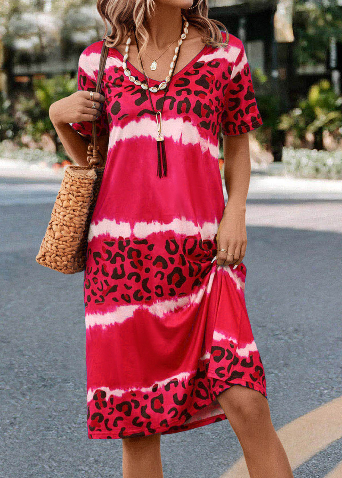 Hot Pink Leopard Short Sleeve Dress