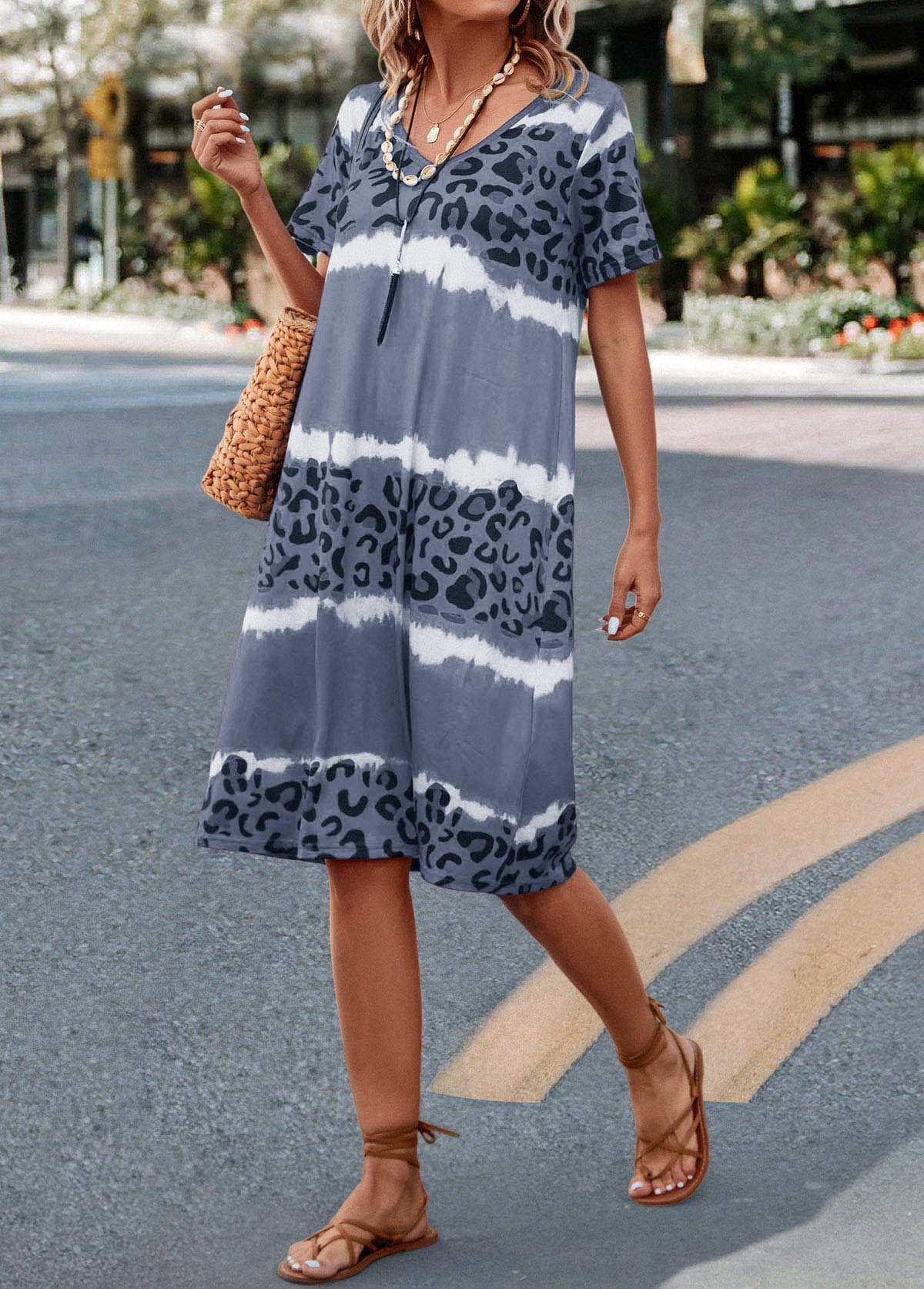 Grey Leopard H Shape Short Sleeve Dress