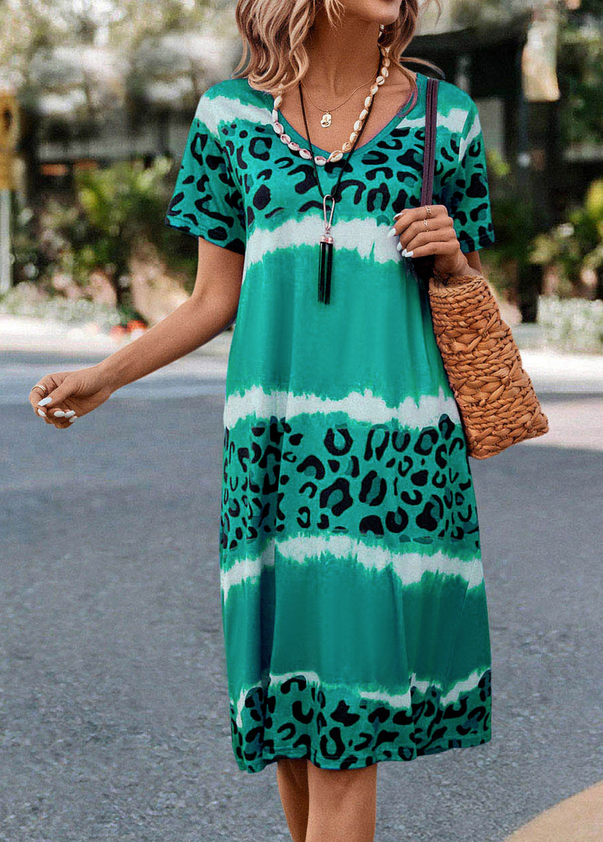 Green Leopard H Shape Short Sleeve Dress