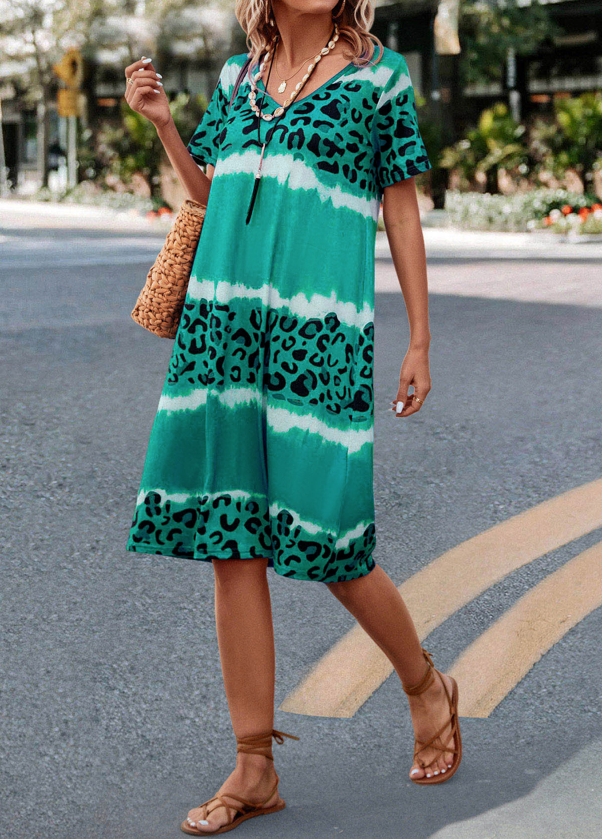 Green Leopard H Shape Short Sleeve Dress
