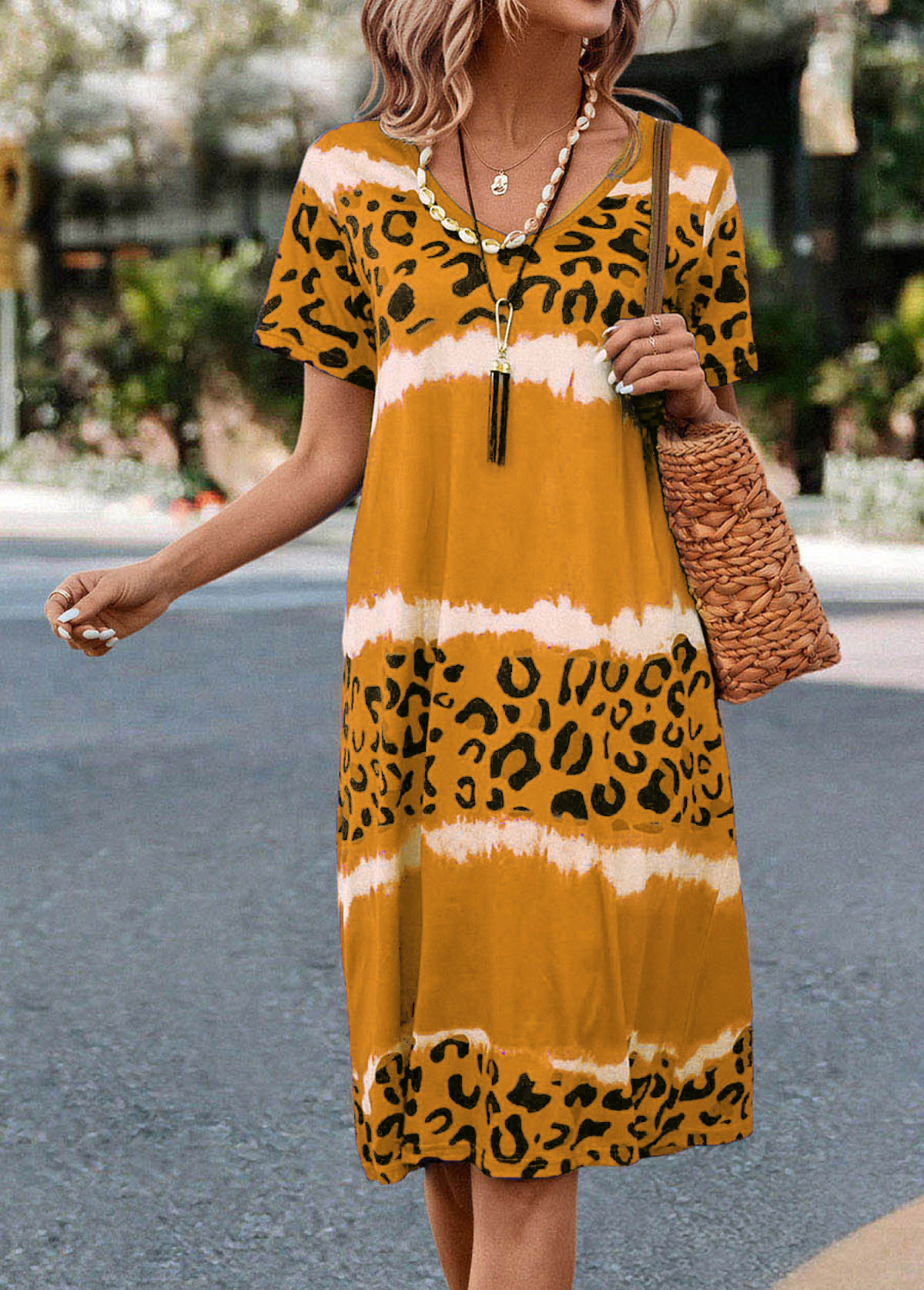 Yellow Leopard H Shape Short Sleeve Dress | picture 