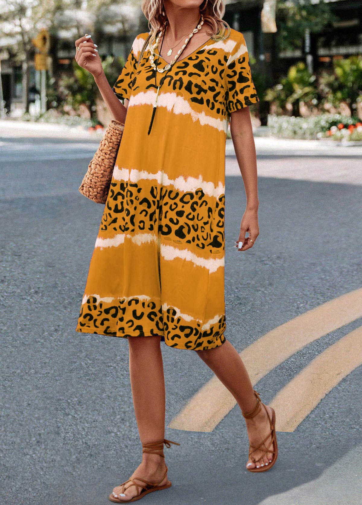 Yellow Leopard H Shape Short Sleeve Dress | picture 
