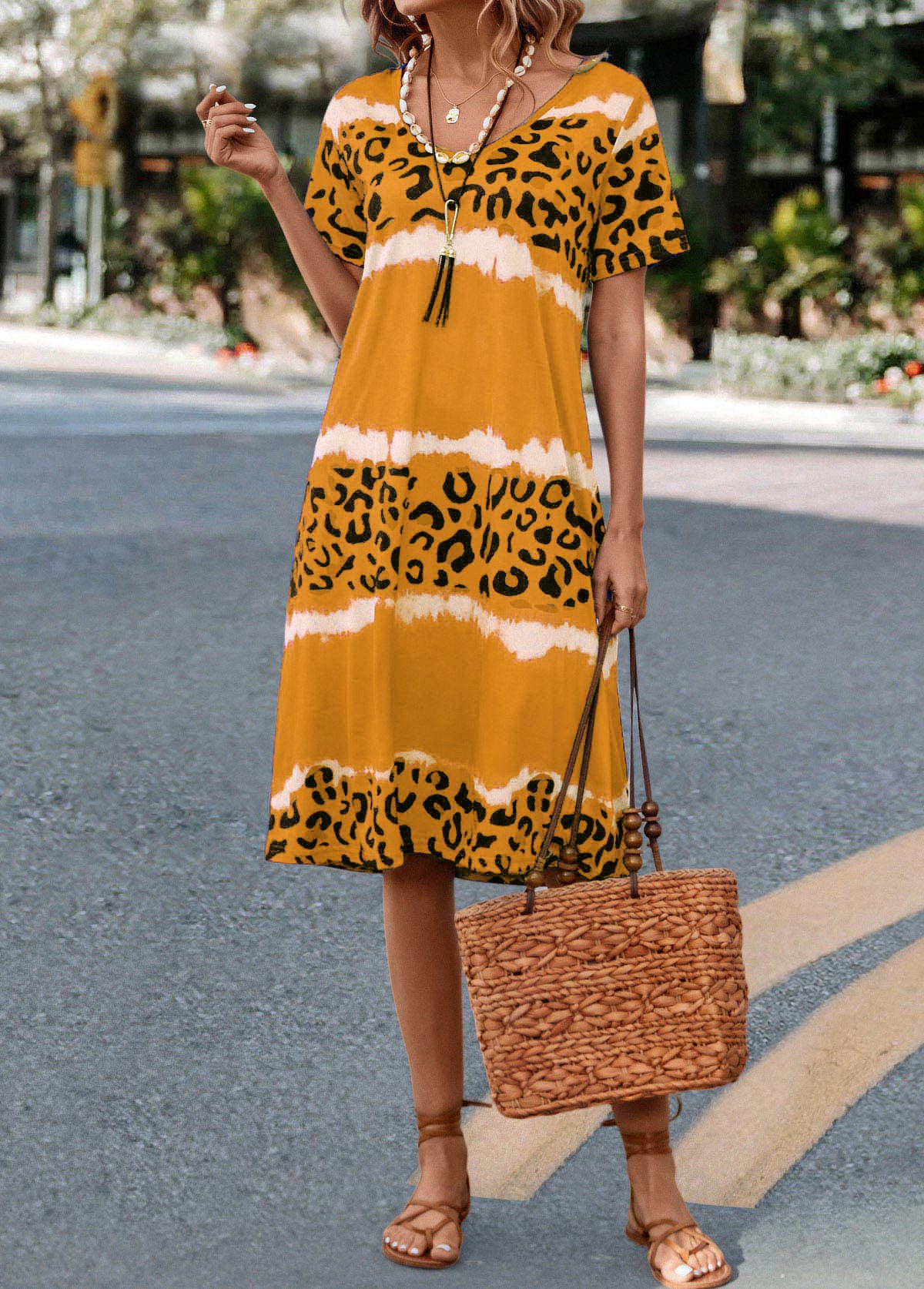 Yellow Leopard H Shape Short Sleeve Dress | picture 