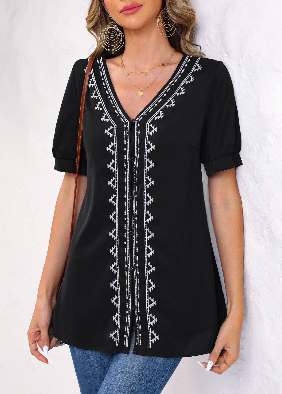 Black Embroidery Tribal Print Long Sleeve Blouse