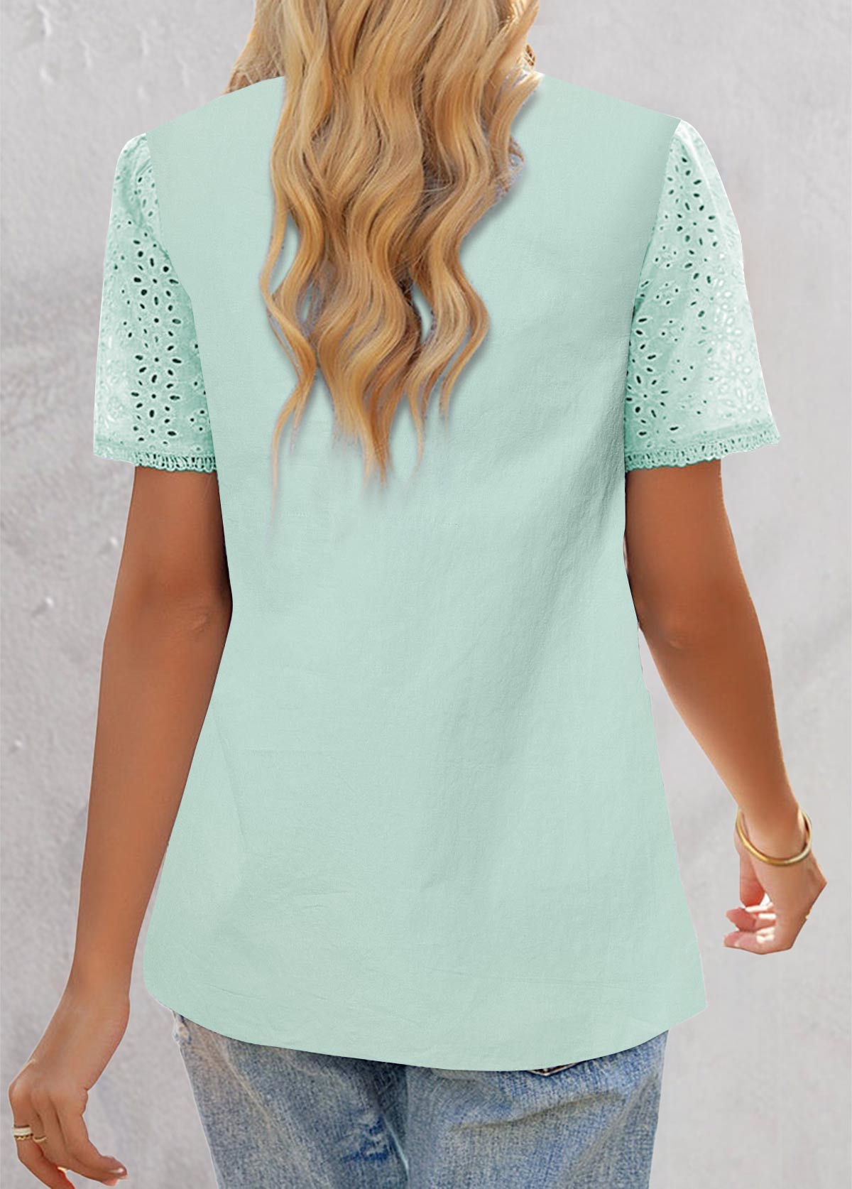 Mint Green Embroidery Short Sleeve V Neck Blouse