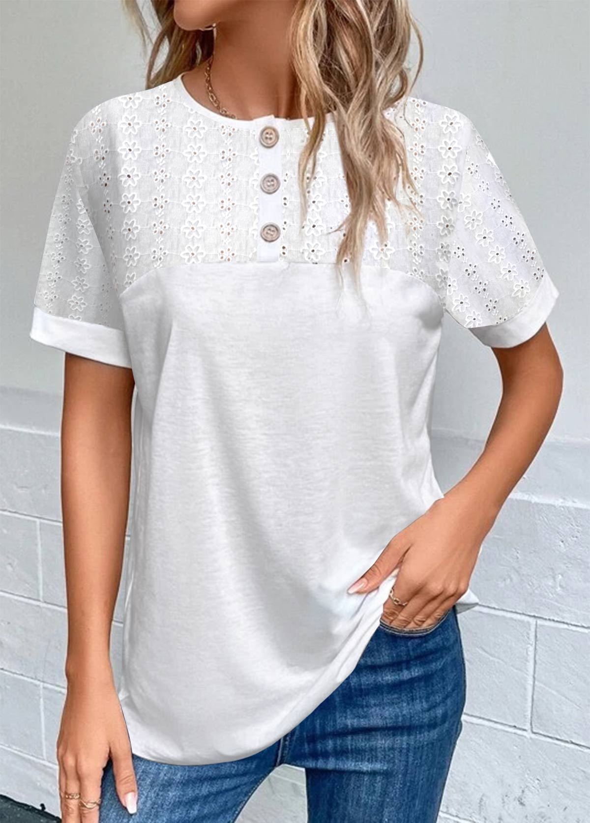 White Embroidery Short Sleeve Round Neck Blouse