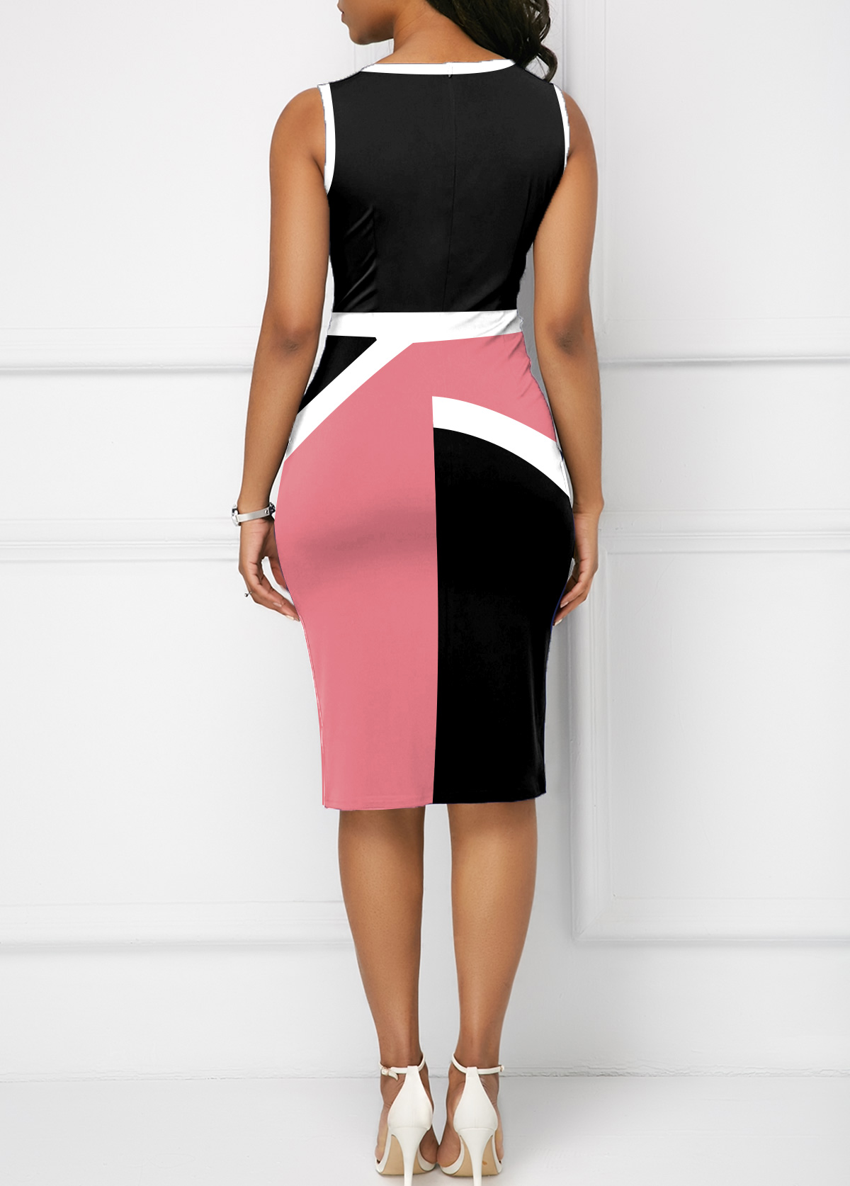 Pink Split Geometric Print Sleeveless Bodycon Dress