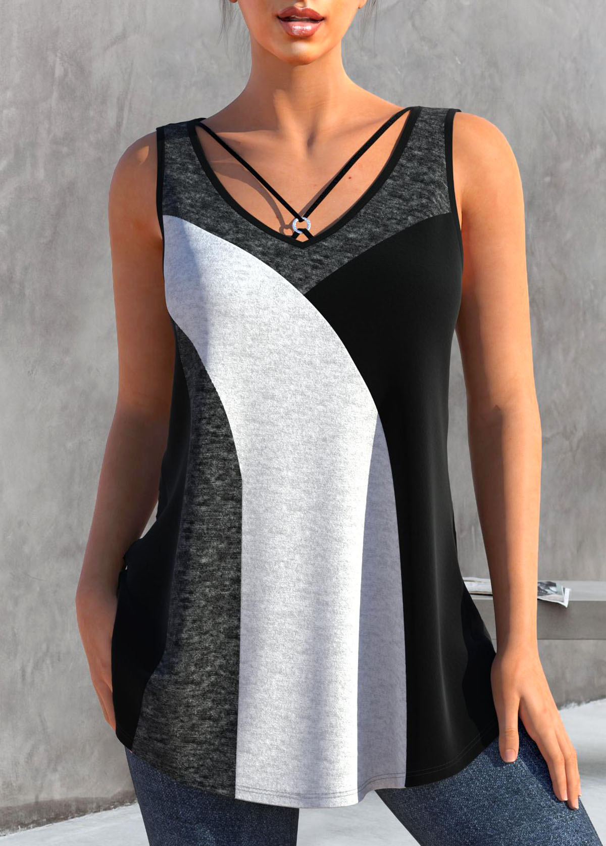 Dark Grey Marl Metal Ring Contrast Tank Top | picture 