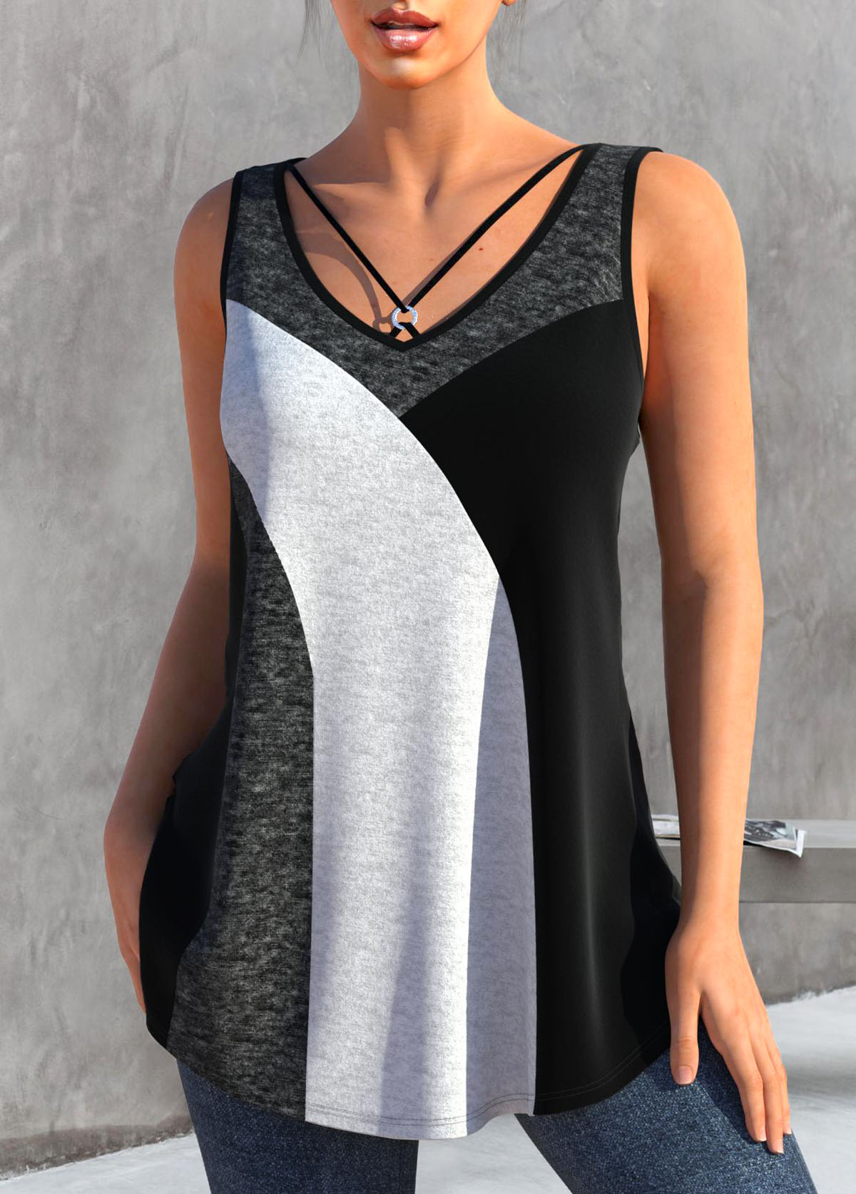 Dark Grey Marl Metal Ring Contrast Tank Top | picture 