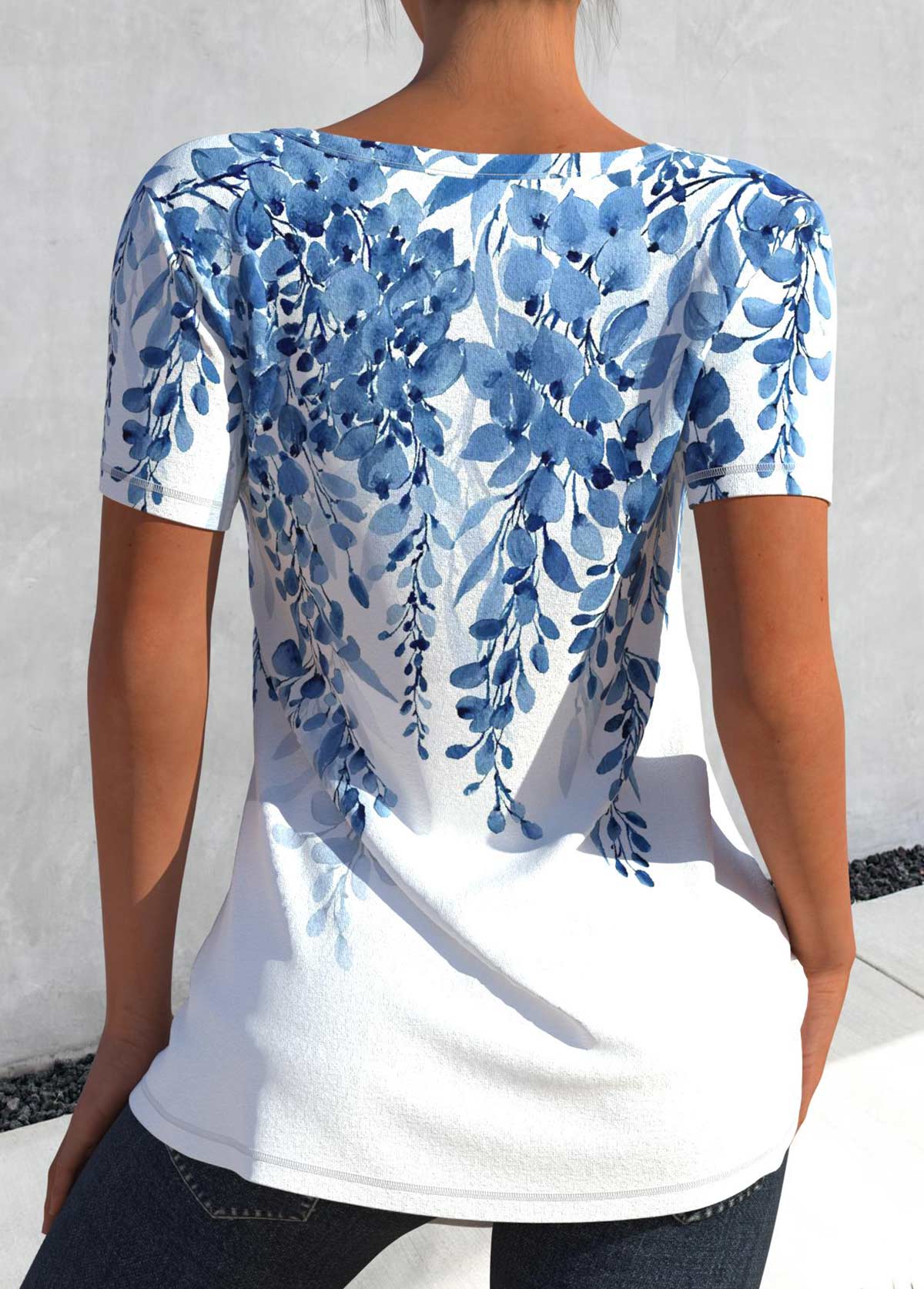 Light Blue Cut Out Leaf Print T Shirt