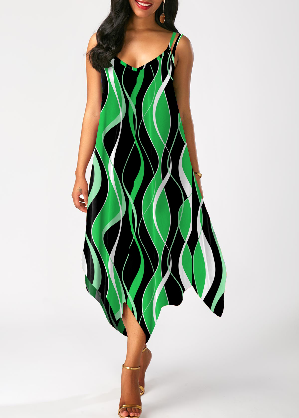 Green Handkerchief Hem Striped Sleeveless Dress