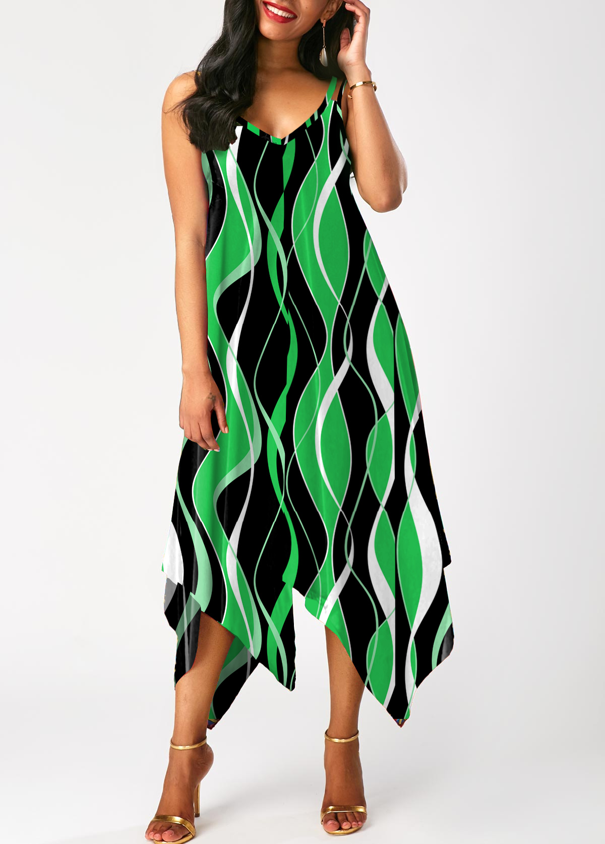 Green Handkerchief Hem Striped Sleeveless Dress