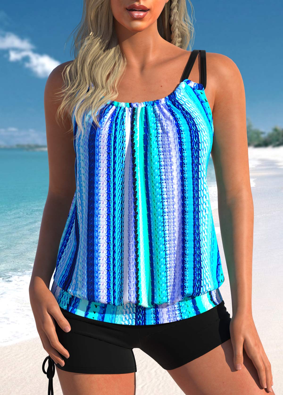 Ruched Striped Neon Blue Tankini Top-No Bottom