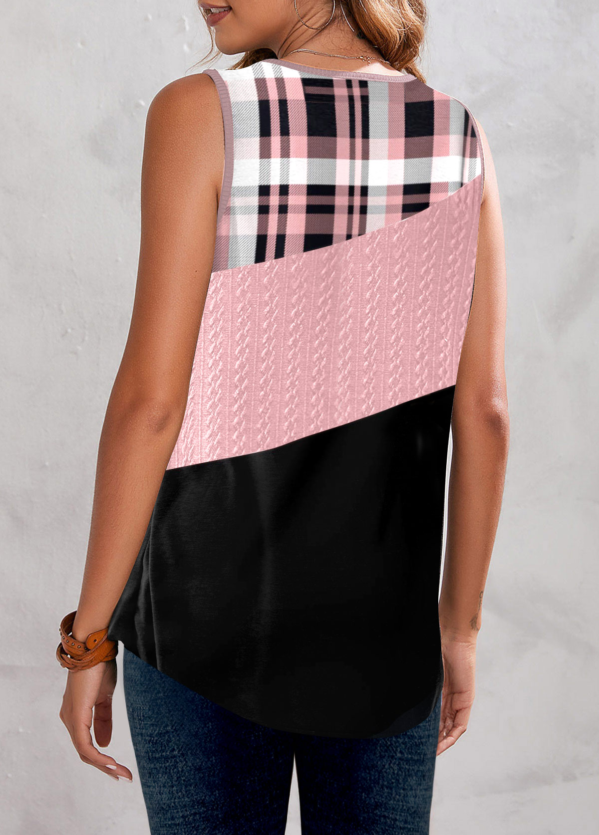 Pink Twisted Plaid V Neck Tank Top