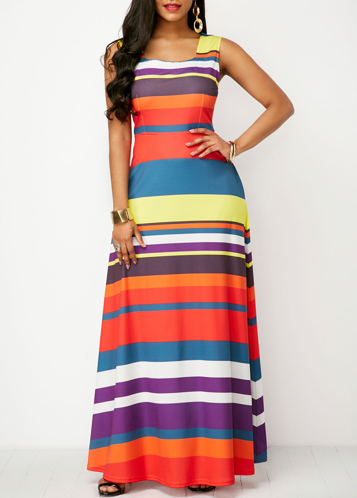 Multi Color Pocket Striped Sleeveless Maxi Dress