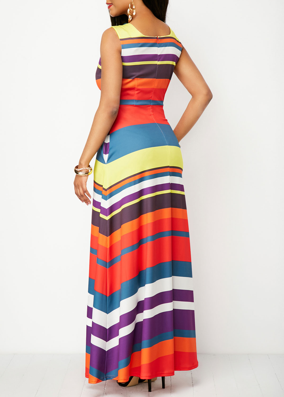 Multi Color Pocket Striped Sleeveless Maxi Dress