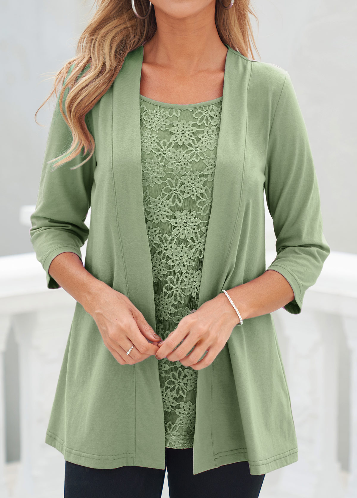 Sage Green Lace 3/4 Sleeve Cardigan and Tank Top | picture 