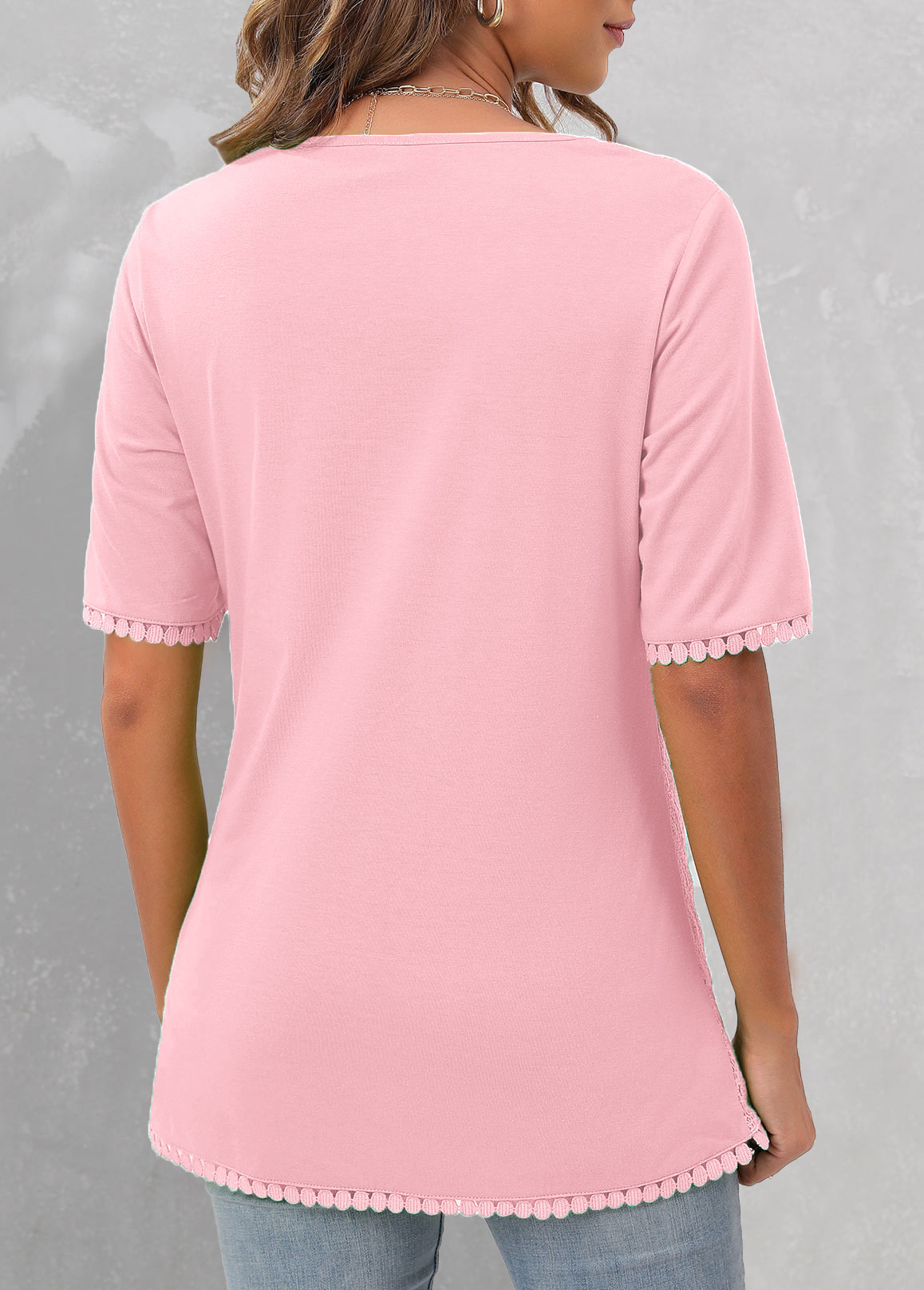 Pink Lace Short Sleeve V Neck Blouse
