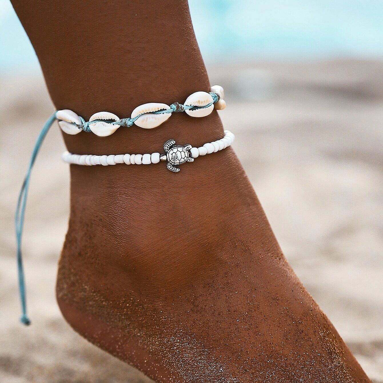 White Asymmetrical Shell Design Anklet Set | picture 