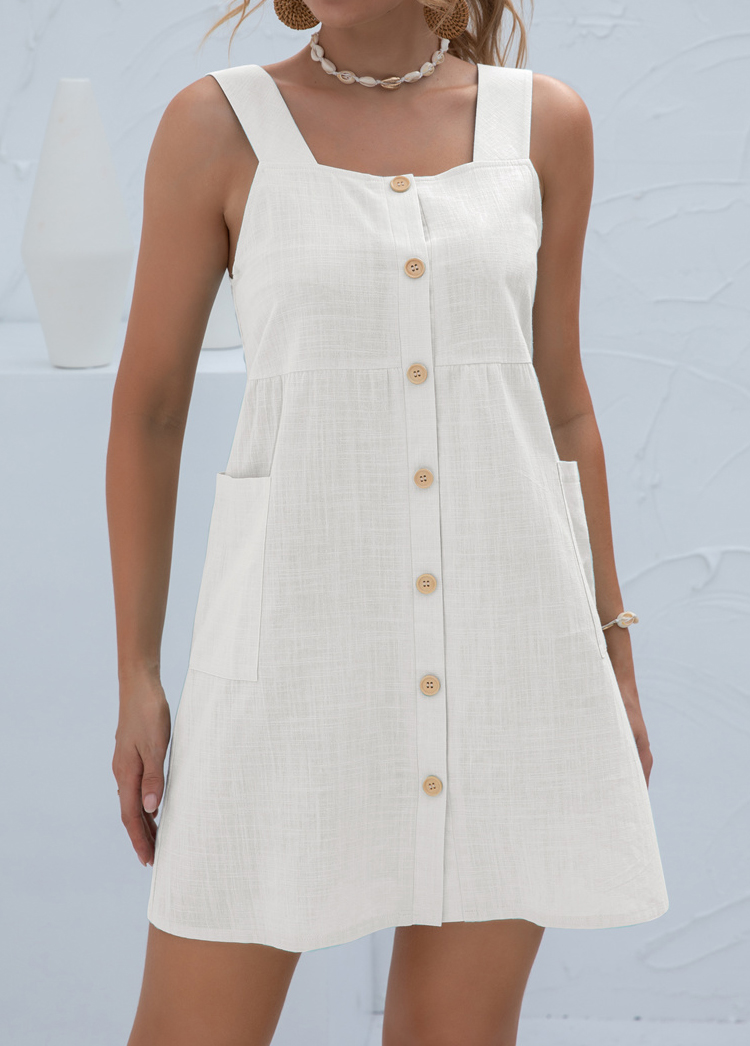 White Button Short A Line Sleeveless Dress
