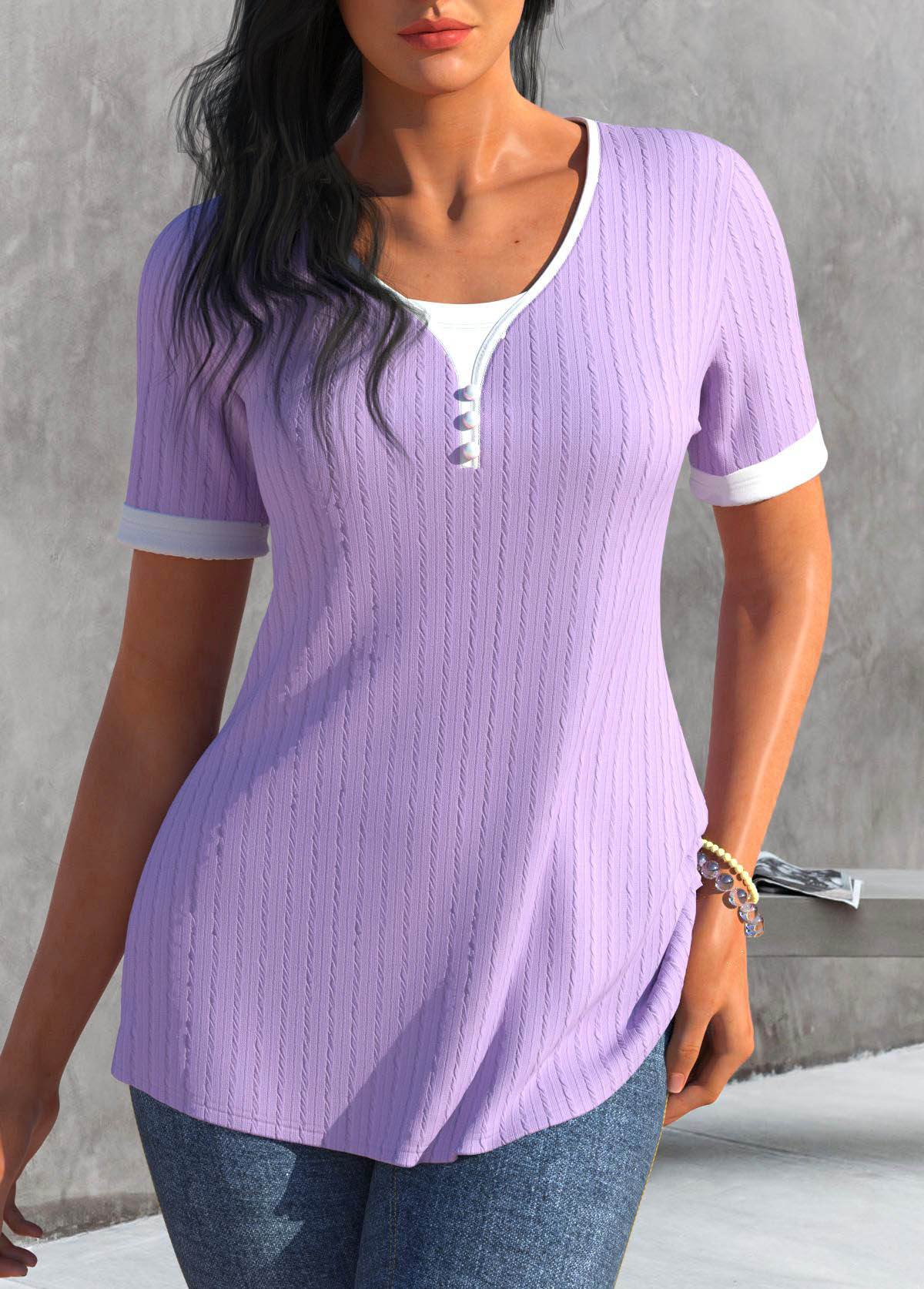 Light Purple Button Short Sleeve T Shirt