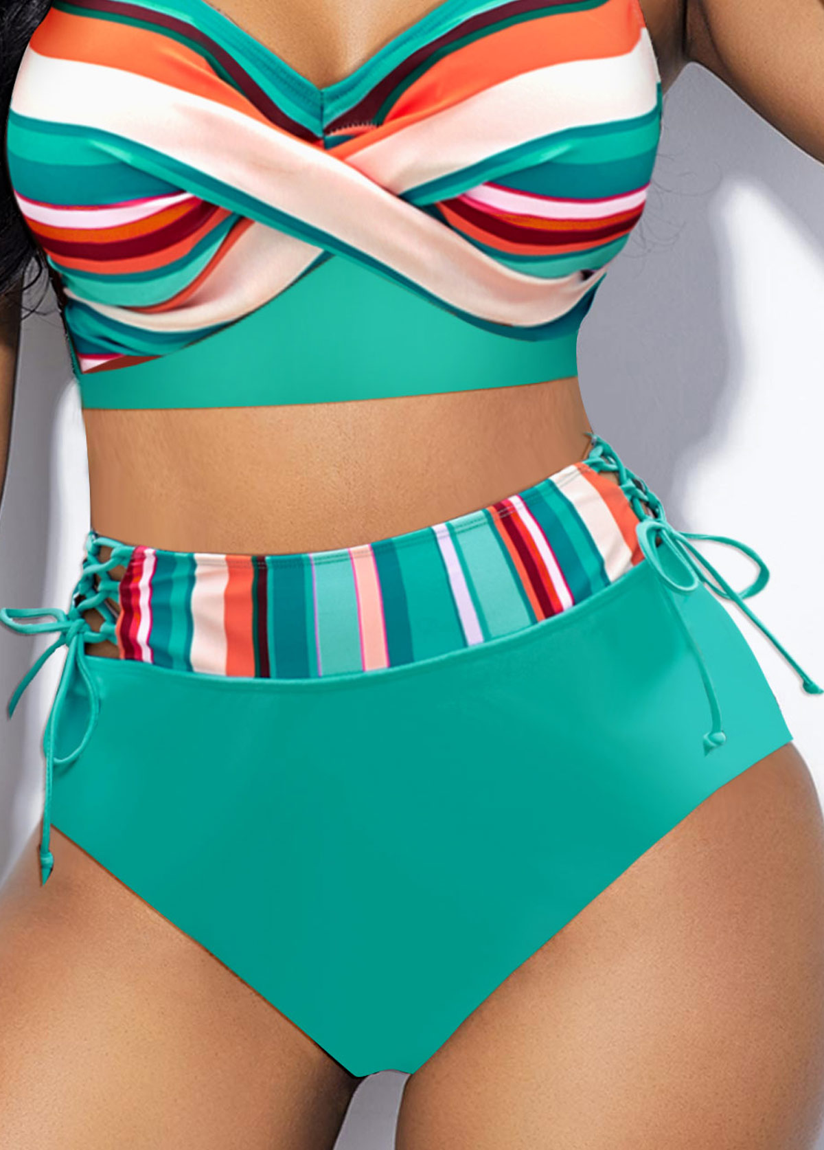 Criss Cross Striped Mint Green Bikini Set