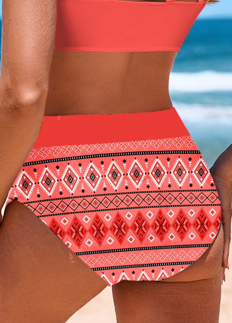 Ruched Geometric Print Coral Bikini Set