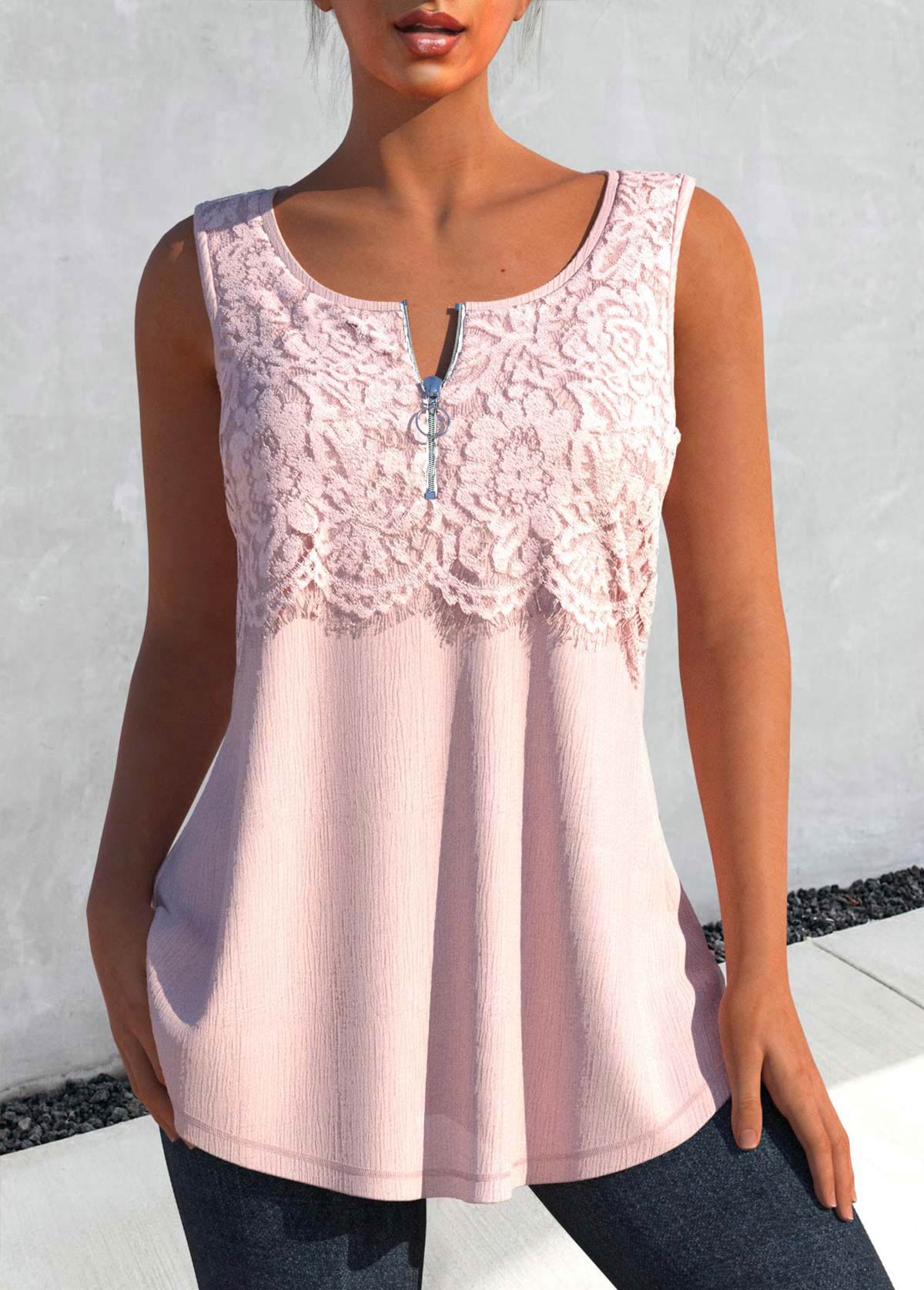 Light Pink Lace Round Neck Tank Top