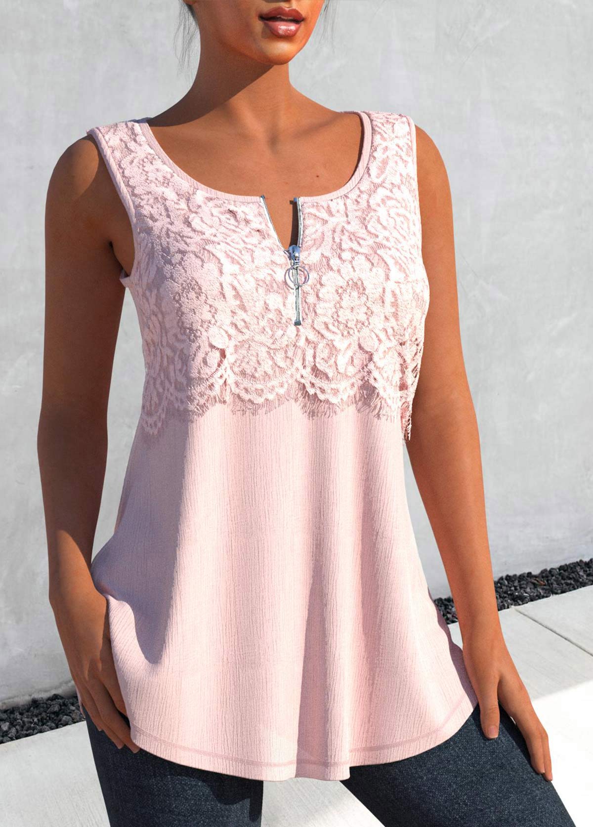 Light Pink Lace Round Neck Tank Top