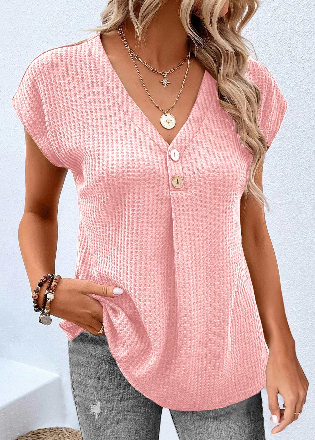 Pink Button Short Sleeve V Neck T Shirt