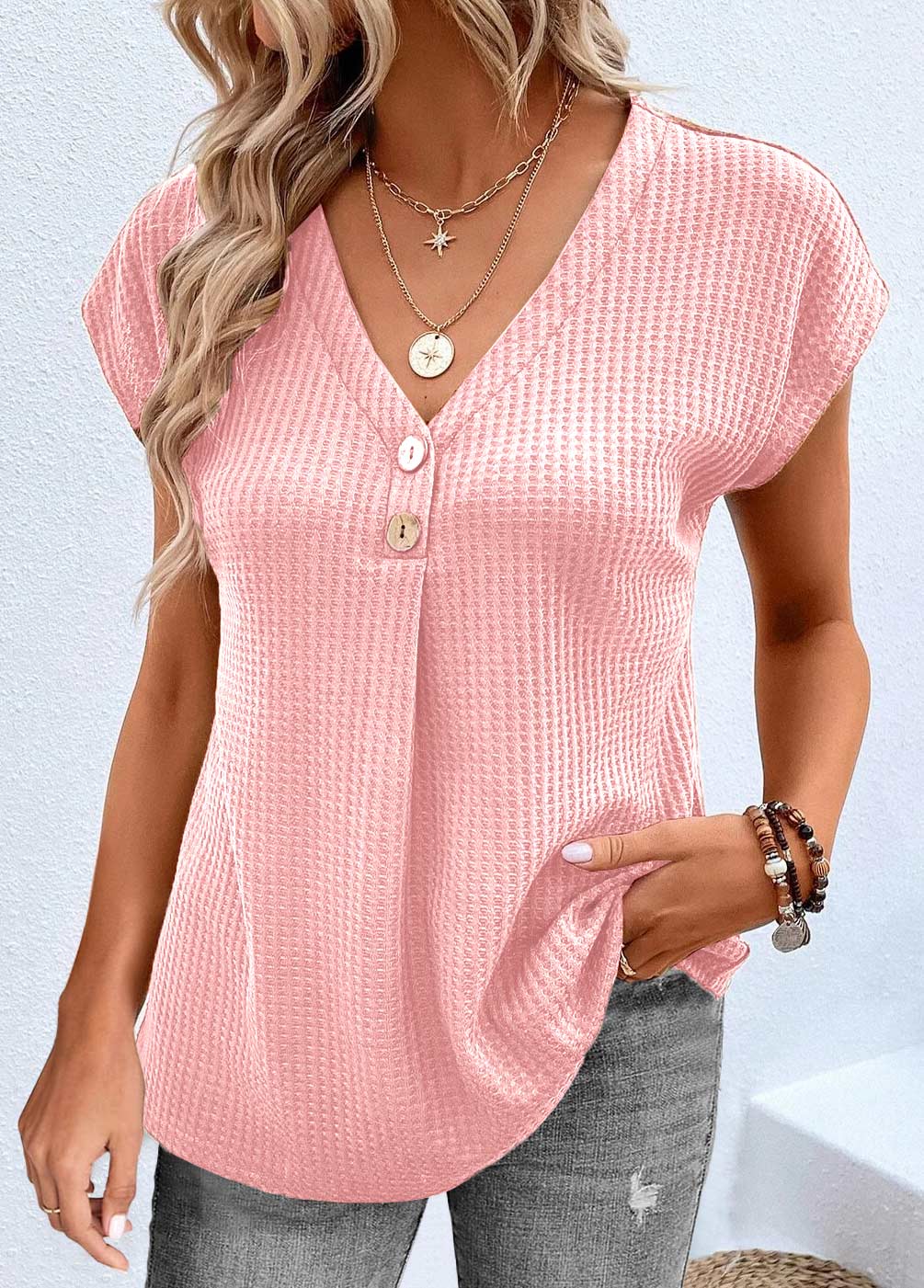 Pink Button Short Sleeve V Neck T Shirt