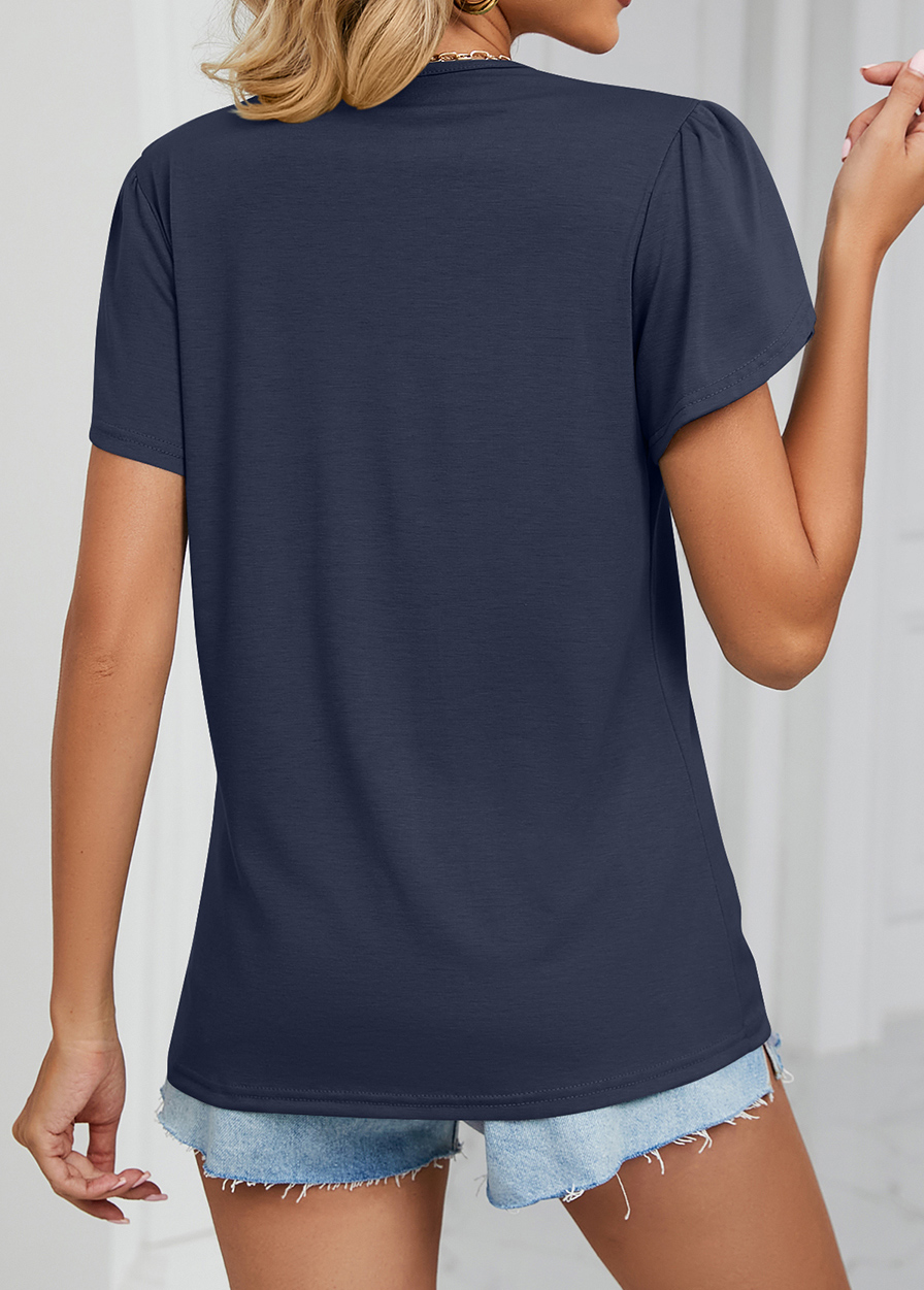 Navy Patchwork Short Sleeve V Neck T Shirt | picture 