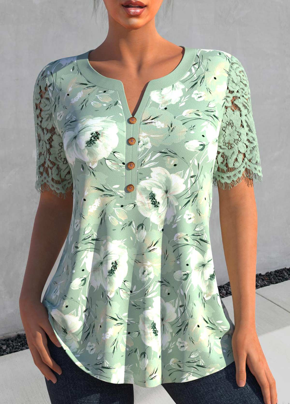 Sage Green Lace Floral Print Short Sleeve Blouse