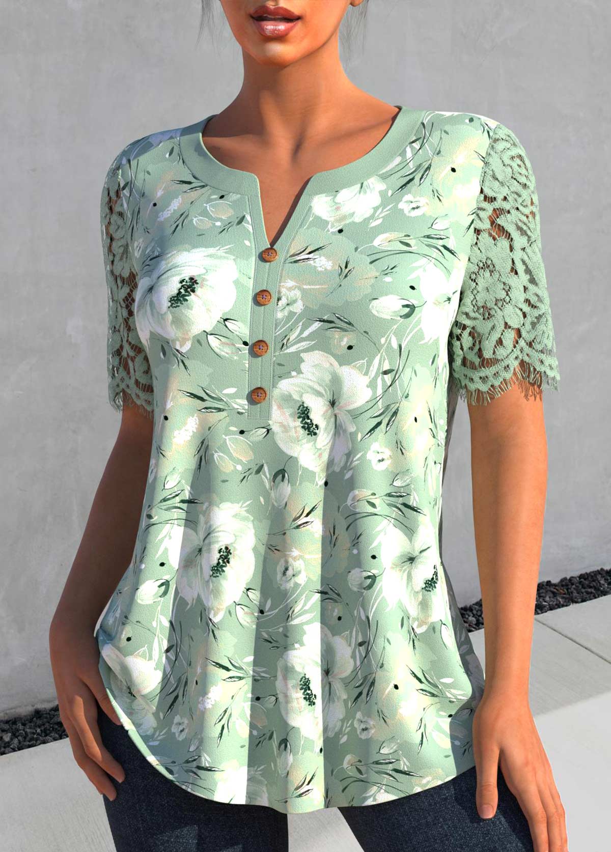 Sage Green Lace Floral Print Short Sleeve Blouse