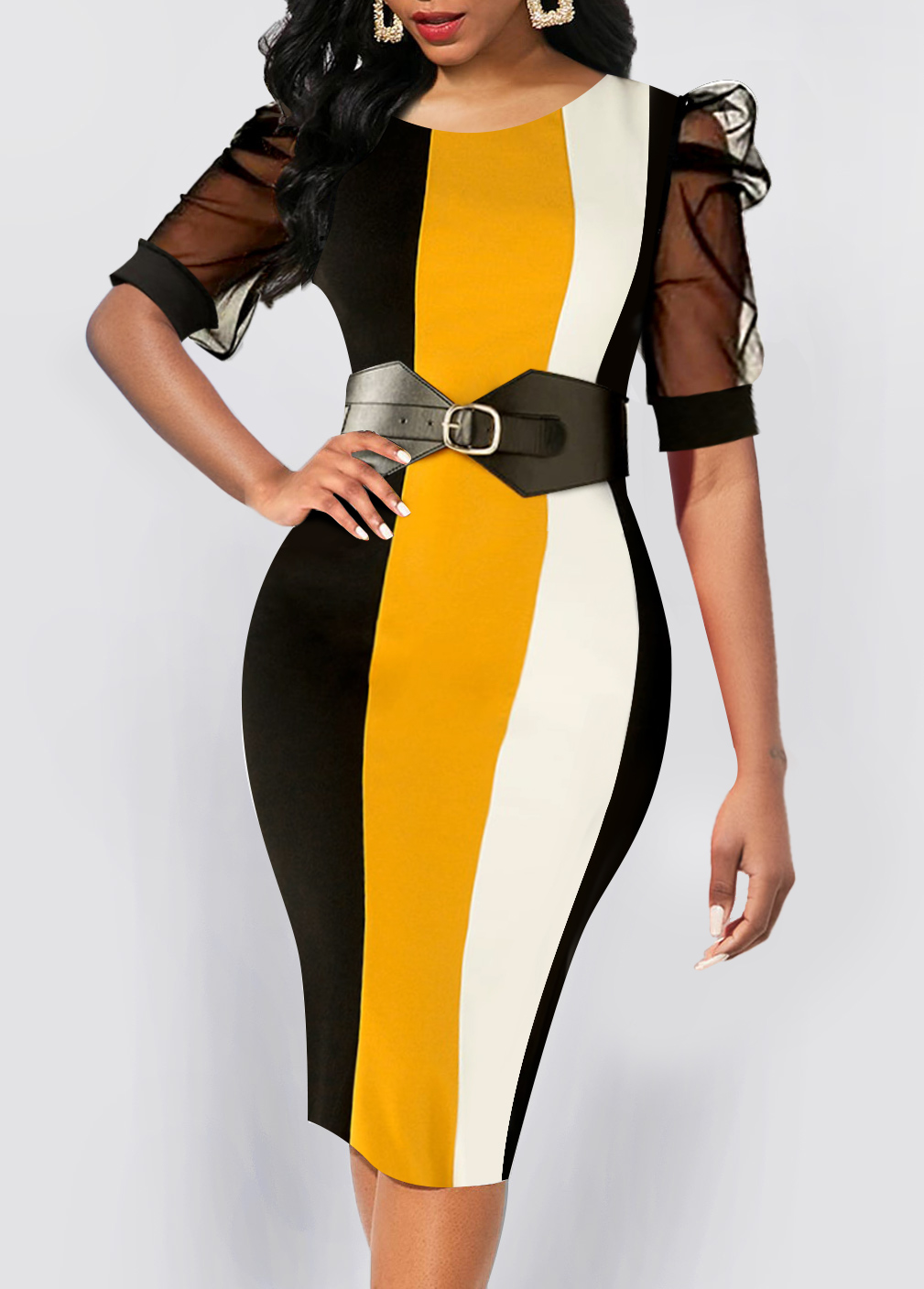 Multi Color Mesh Striped Half Sleeve Bodycon Dress