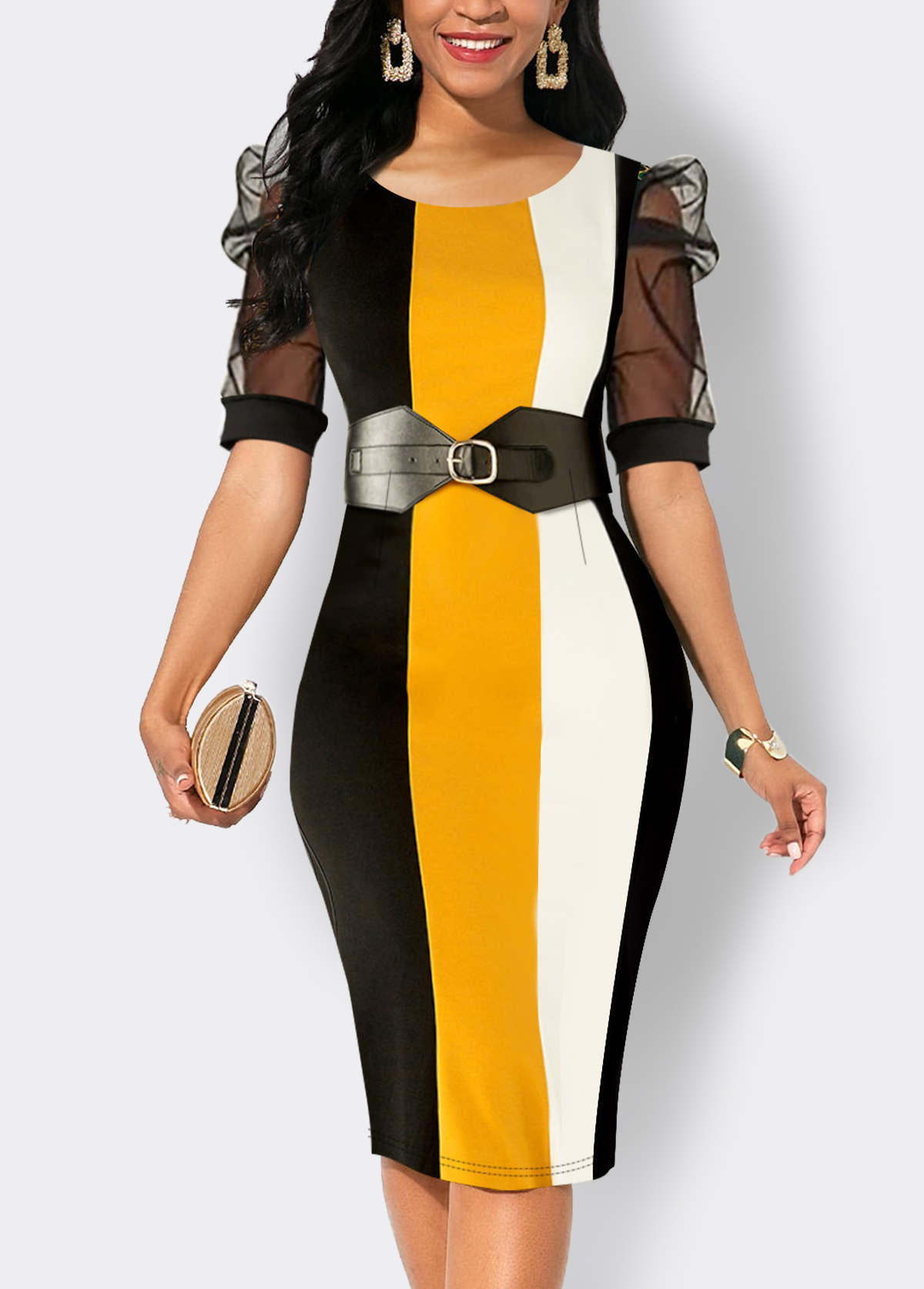 Multi Color Mesh Striped Half Sleeve Bodycon Dress