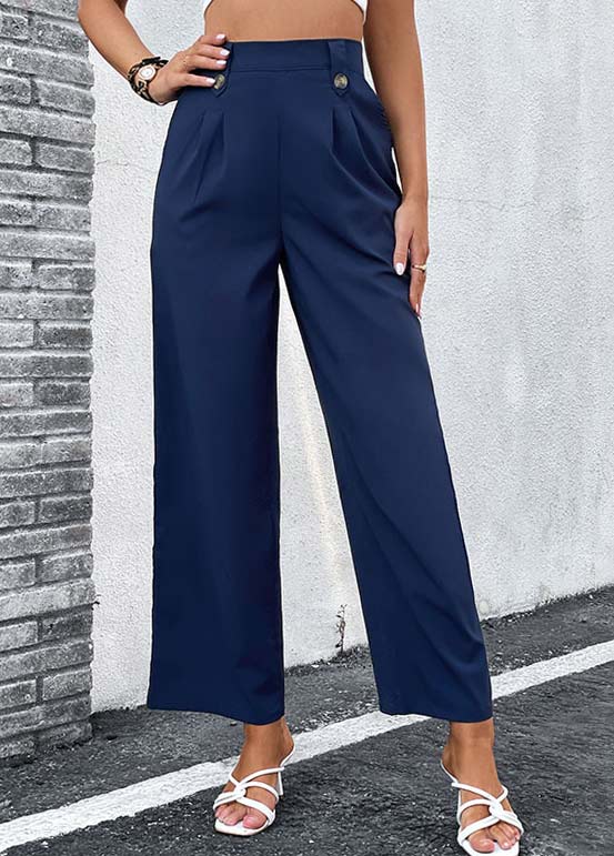 Navy Button Elastic Waist High Waisted Pants USD 27.98