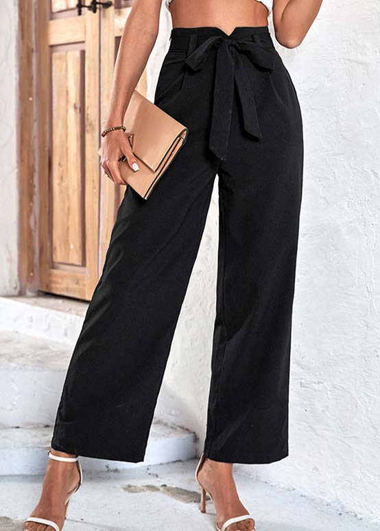 Black Bowknot Belted Drawastring High Waisted Pants
