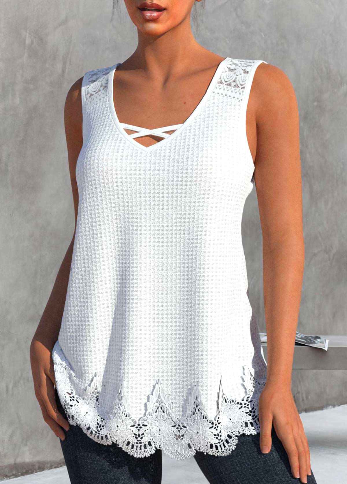 White Lace V Neck Tank Top | picture 