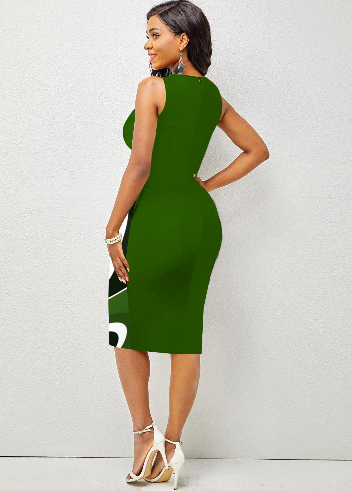Green Criss Cross Geometric Print Bodycon Dress