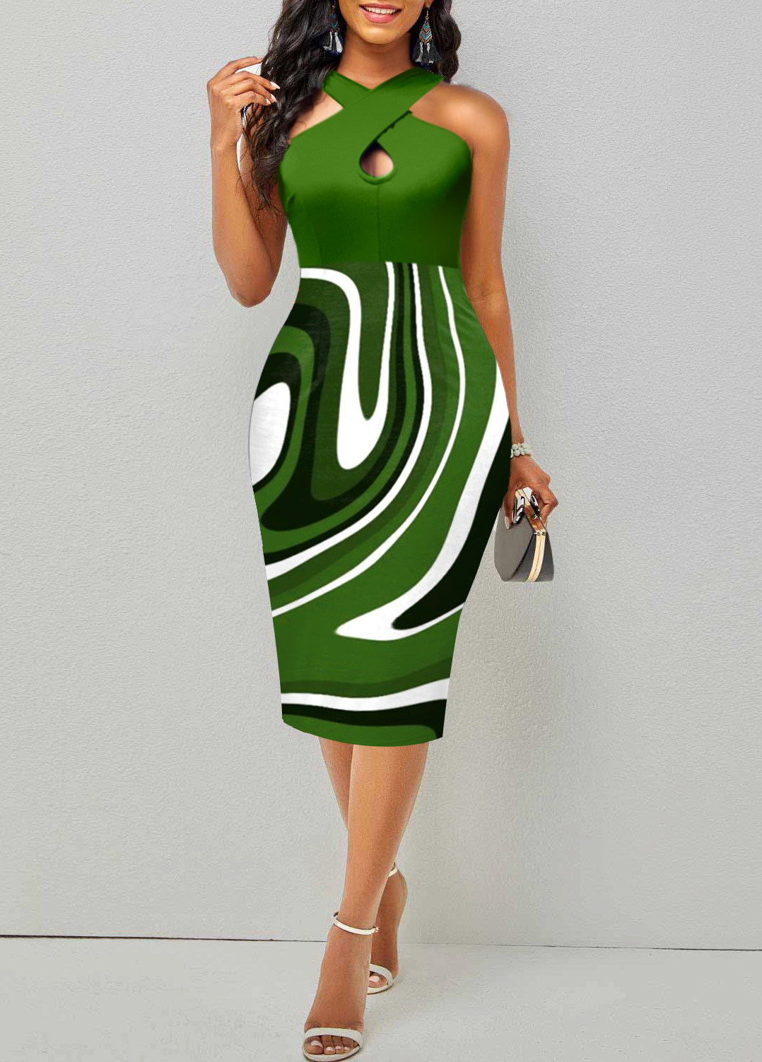 Green Criss Cross Geometric Print Bodycon Dress