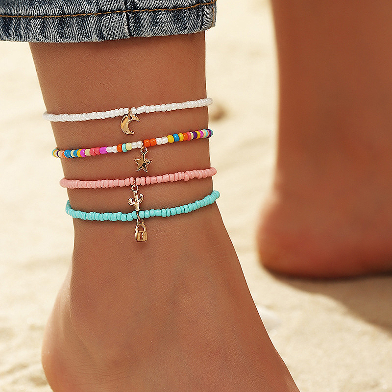 Multi Color Asymmetrical Layered Beads Anklet Set