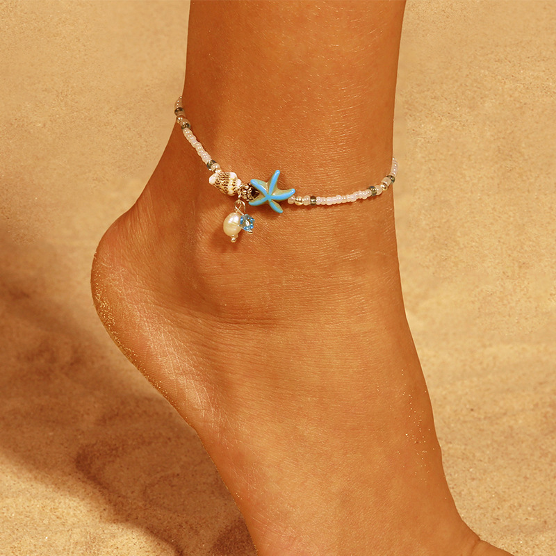 Star Shell Design Beads White Anklet